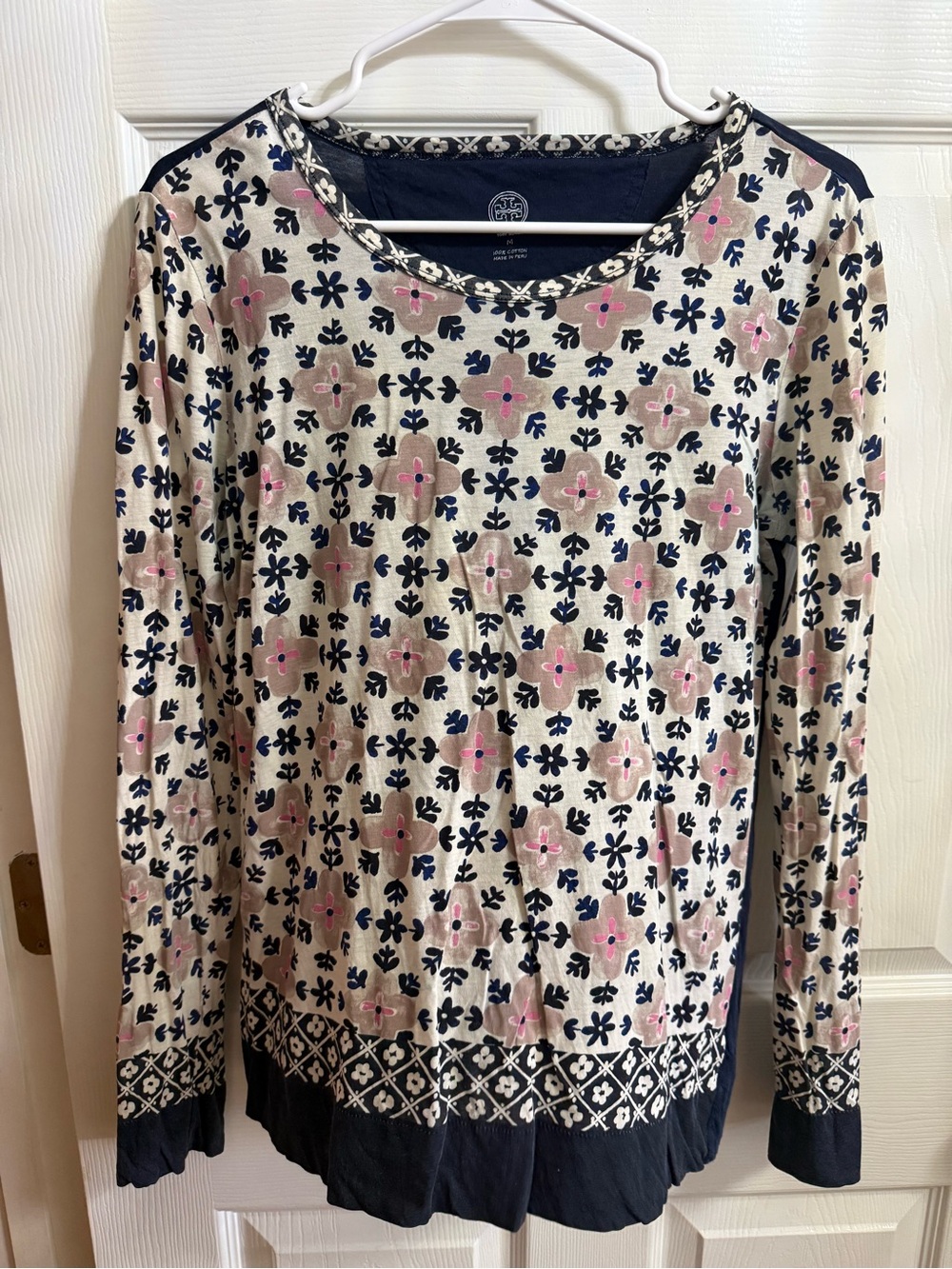 Tory Burch Cream Floral Long-Sleeve Blouse with Navy Trim